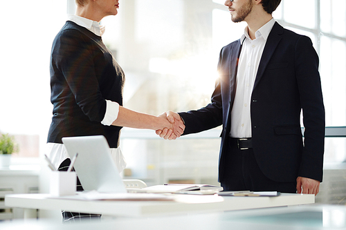 Close-up shot of unrecognizable business partners shaking hands after successful completion of negotiations, interior of boardroom on background