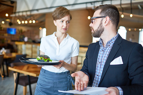 Waitress with sandwich serving businessman in cafe