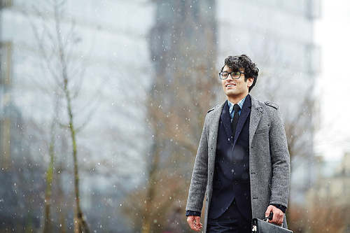 Portrait of smiling Middle - Eastern businessman with briefcase standing outdoors in snowfall