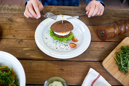 Appetizing sandwich on plate being eaten by human