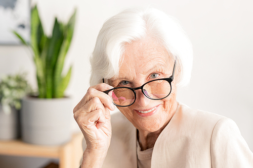 Contemporary elegant white-haired female looking at you through eyeglasses while posing in front of camera