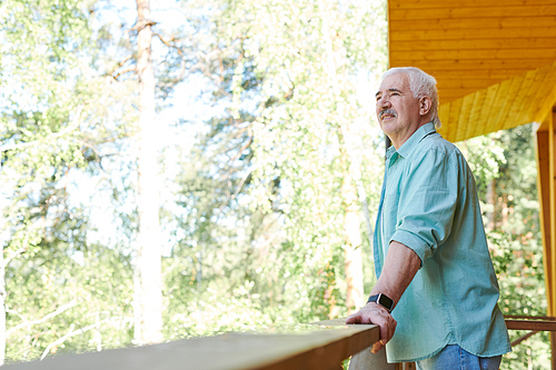 Senior grey-haired man in blue shirt standing on terrace by wooden banisters on sunny day and looking at natural scenery