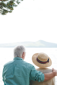 Rear view of affectionate senior spouses sitting in front of lake or seaside on summer day while enjoying their solitude