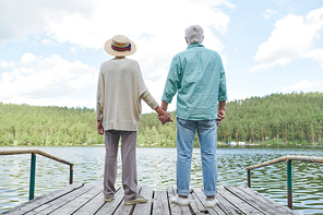 Rear view of restful senior couple enjoying their solitude by waterside while standing on wooden pontoon