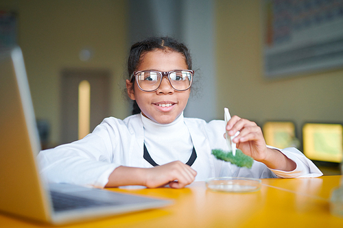 Clever schoolgirl in eyeglasses sitting by desk in front of camera and studying chemical substances at lesson