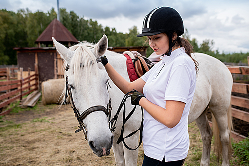 active girl in equestrian helmet and white polo shirt and her racehorse moving down field in rural