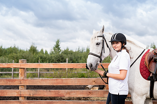 young woman in equestrian outfit and white racehorse moving along wooden fence after training in rural