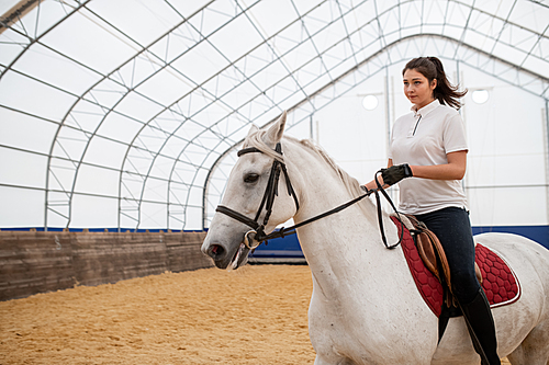 Serious young active woman looking straight while riding white purebred horse during training on arena