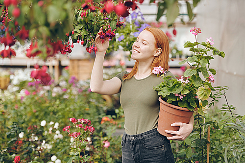Cheerful redhead girl in khaki tshirt touching red flowers on twig and holding potted plant while enjoying work in garden