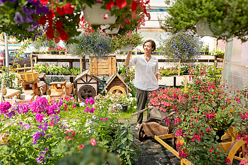 Contemporary florist or gardener walking through garden center among blooming flowers and enjoying their fragrance