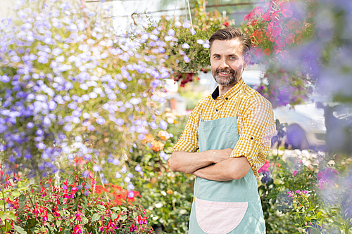 Happy male gardener crossing his arms by chest while  inside greenhouse full of flowers
