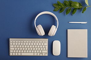 Flat layout of computer keypad and mouse, branch with green leaves, headphones, notebook and pen on blue background