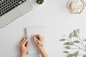 Hands of young female office worker holding pen over blank page of notebook while planning work by desk