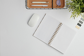 Flat layout with computer mouse, open notebook with blank pages, palette. basket for pens and green domestic plant in flowerpot on desk