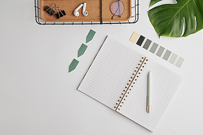 Flat layout with pen, open notebook with blank pages, palette, basket for office supplies and green leaf of domestic plant on desk