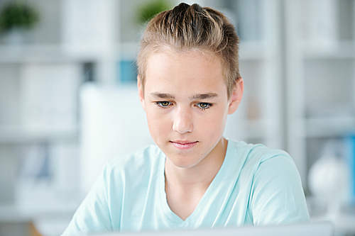 Cute middle school boy concentrating on individual work while looking at display of wireless technology