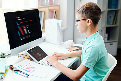 Diligent schoolboy in casualwear looking through information on computer screen while preparing home assignment