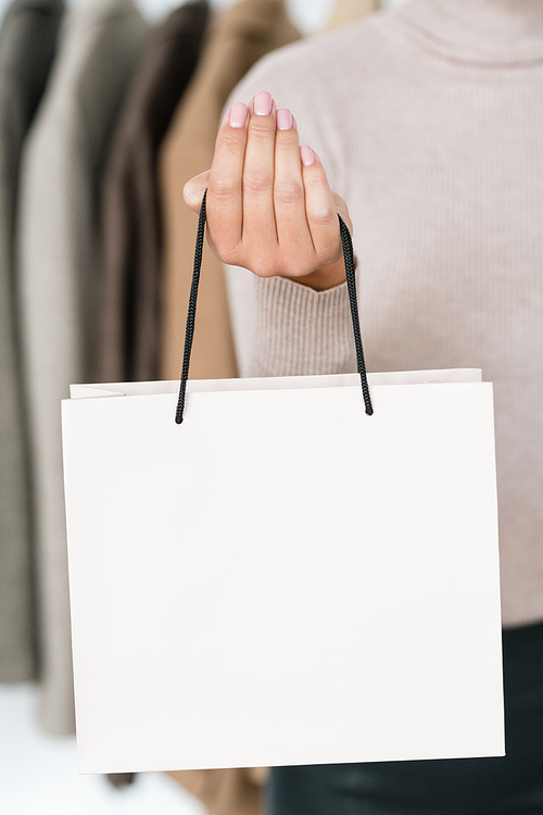 Hand of female shopaholic holding white paperbag with purchase while standing in boutique during sale