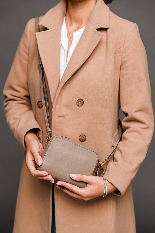 Young elegant lady in stylish brown coat holding small leather handbag while posing in isolation over grey background
