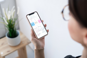 Hand of contemporary businesswoman holding smartphone with decision making flow chart while looking it through