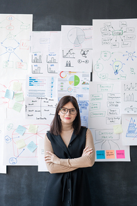 Young confident economist with crossed arms standing by blackboard with flow charts and diagrams on papers