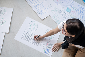 Young female broker with highlighter over paper sitting on the floor and drawing working diagrams and flow charts
