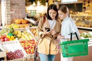 Pretty young female with smartphone and her daughter with basket scrolling through online assortment of contemporary supermarket