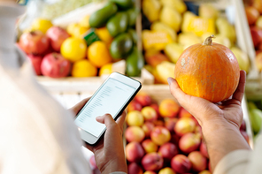Hand of young man holding small ripe yellow pumpkin while standing by his daughter with smartphone scrolling through shopping list