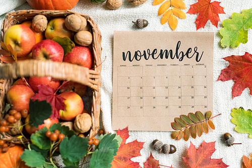 Calendar list of the month of November surrounded by ripe apples, walnuts, acorns and colorful leaves