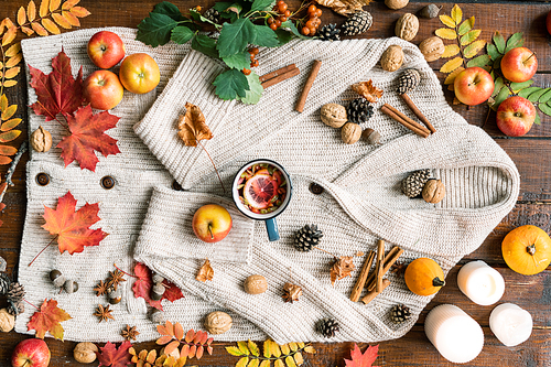 View of romantic autumn composition of ripe fruits, leaves, spices, hot tea, candles, nuts and cones on woolen sweater