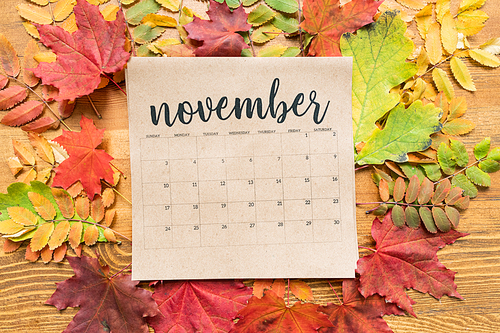 Square paper sheet of November calendar surrounded by yellow and red leaves on wooden background