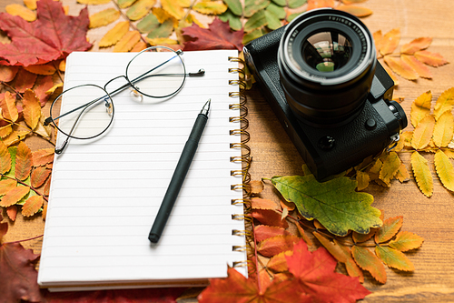 Photocamera, blank page of copybook with eyeglasses and pen and colorful autumn leaves around