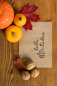 Overview of paper sheet surrounded by walnuts, red maple leaves and small group of ripe pumpkins on wooden table