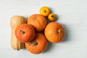 Pile of ripe large orange pumpkins and two yellow small ones over white background in isolation