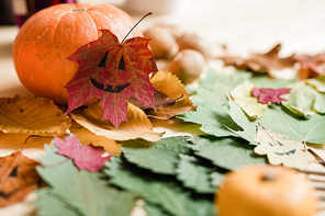 Dry colorful autumn foliage, big ripe pumpkin and drawn faces on leaves making halloween composition