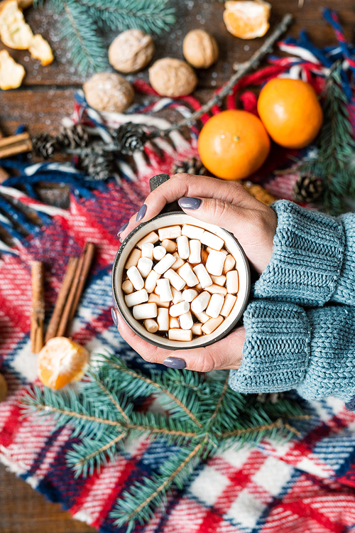 Overview of female hands holding mug of hot drink with marshmallows over warm checkered scarf