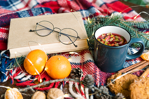 Book with eyeglasses, mug of hot herbal tea, two mandarines, cones and cookies on warm scarf