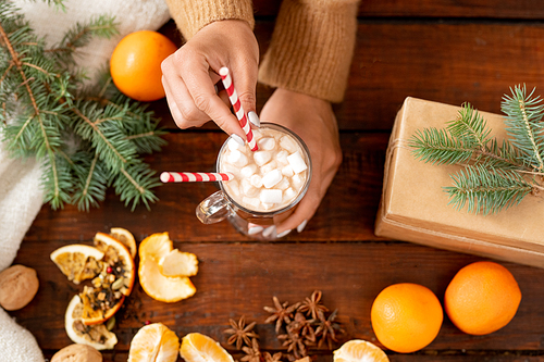 Overview of human hands holding glass of latte with marshmallows surrounded by conifer and fresh oranges
