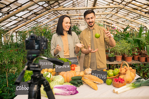 Positive young multi-ethnic couple shooting video review about organic food at greenhouse farm