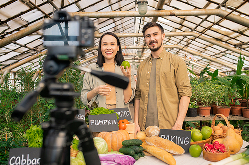 Positive young multi-ethnic couple showing apple to camera while shooting video review in greenhouse