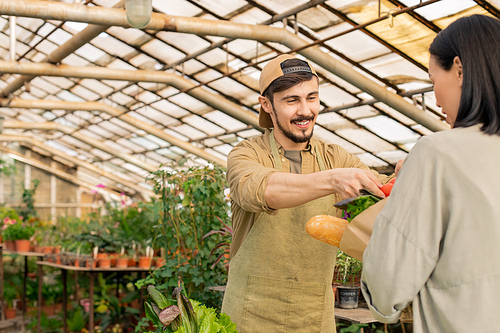 cheerful young farmer in cap and apron putting s in bag of customer at organic food market