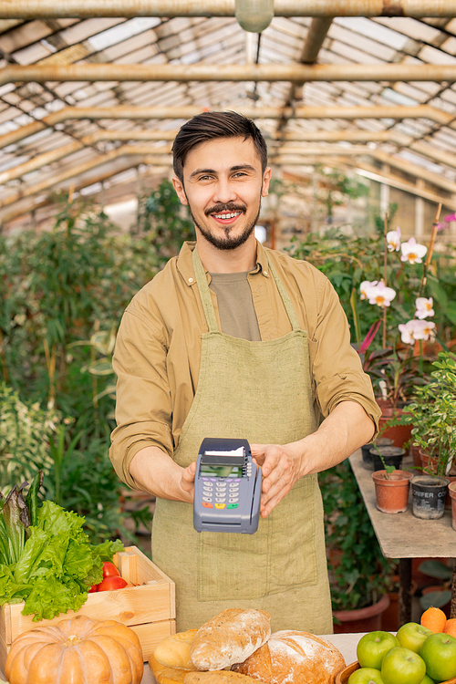 Portrait of positive young farmer with beard holding payment terminal above food counter in grocery store