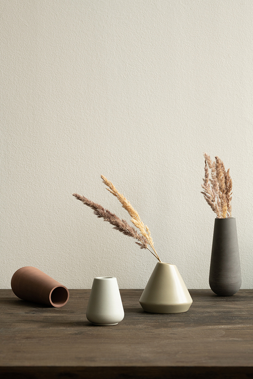 Group of ceramic vases of white and brown colors with dry plants inside standing on wooden table against wall inside domestic room