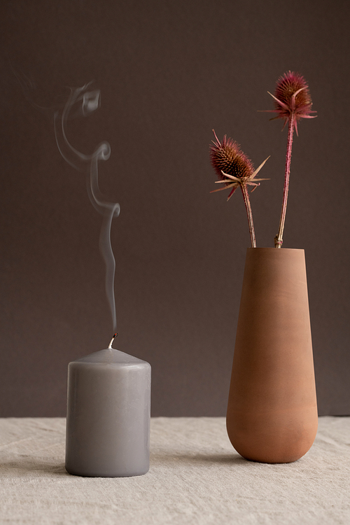 Blown out grey low candle with smoke over it and long narrow brown clay jug or vase with two wildflowers against black wall in isolation