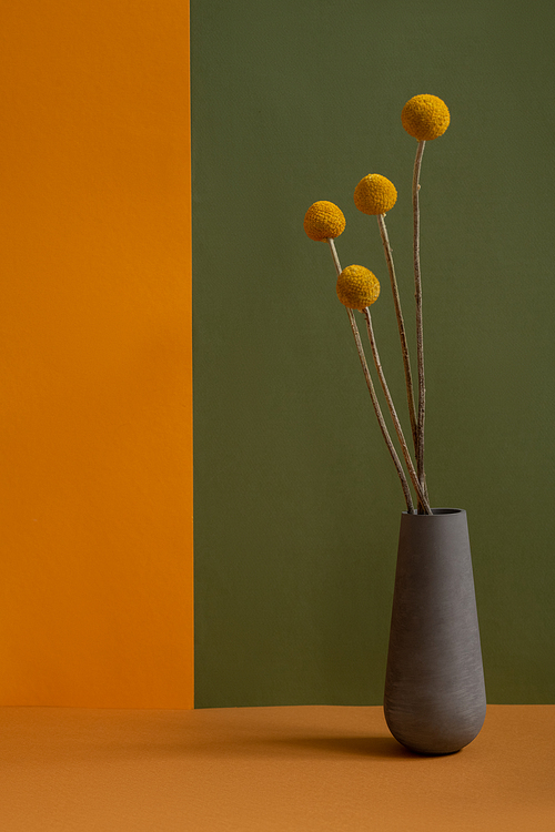 Four yellow dried wildflowers in grey handmade clay vase standing on table against double color background or wall in domestic room