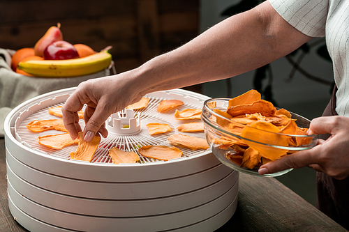 Hands of young housewife putting slices of yellow dried fruits into glass bowl while taking them from round top tray of food dryer