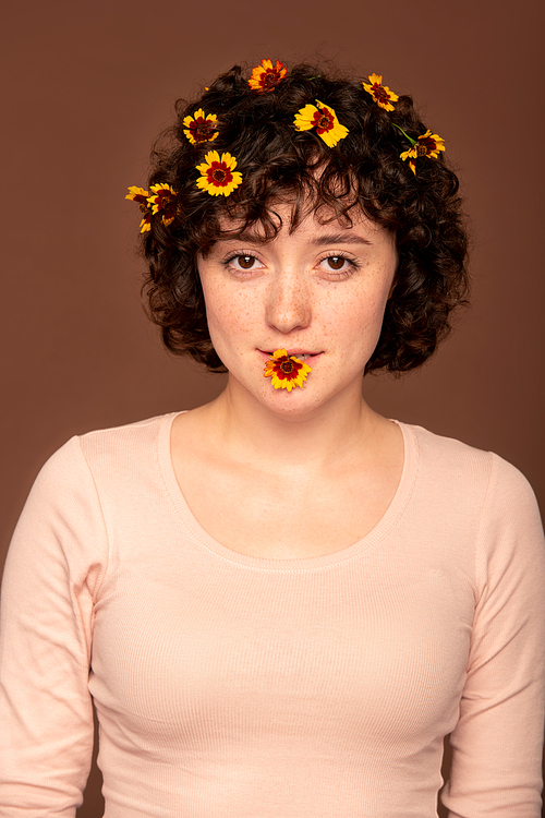 Cute young brunette female with small flowers in hair and in mouth standing in front of camera against brown background in isolation