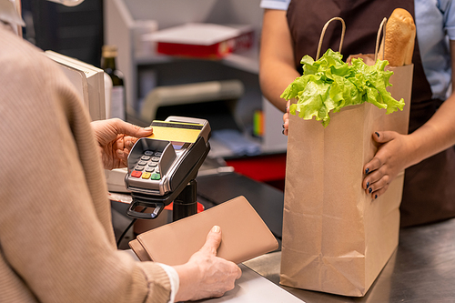 Hands of young cashier on paperbag with fresh groceries in front of mature female buyer paying for products by credit card