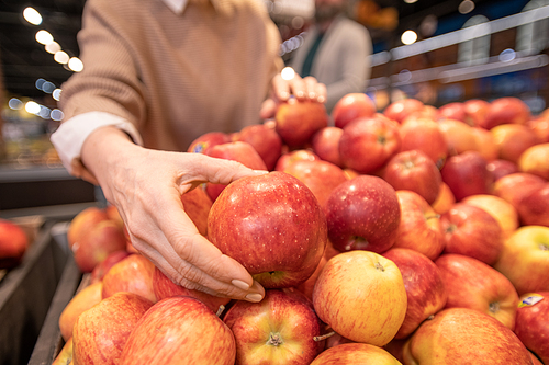 Hand of mature female customer choosing fresh red apples on fruit display while buying food products with her husband in supermarket