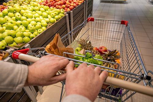 Hands of aged male customer pushing shopping cart with food products while moving along fruit display with fresh apples in supermarket